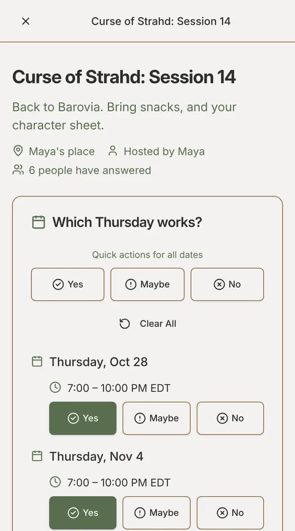 EventMoot on a phone: the poll “Which Thursday works?” for Curse of Strahd, Session 14, hosted by Maya, with 6 people answered. Thursday Oct 28 and Thursday Nov 4 are each offered 7:00 to 10:00 PM EDT with Yes, Maybe and No buttons, and this player has tapped Yes on both.